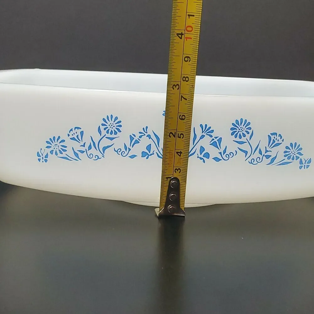 Vintage Federal Oven Proof White Milk Glass Blue Lady Michelle Floral Loaf Dish